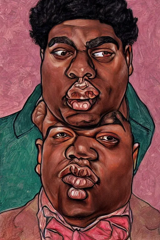 Prompt: a caricature portrait of biggie small in style of egon schiele, masterpiece, hyperdetailed, complex, intricate, 4 k, trending on artstation