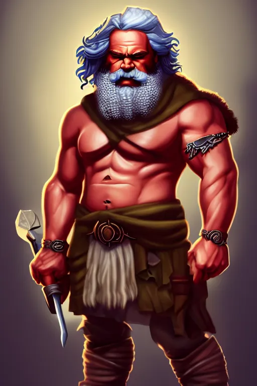 Prompt: character portrait of buff barbarian karl marx with tattoos, dungeons and dragons, trending on artstation, award winning, stylized painting, concept art, 4 k, 8 k