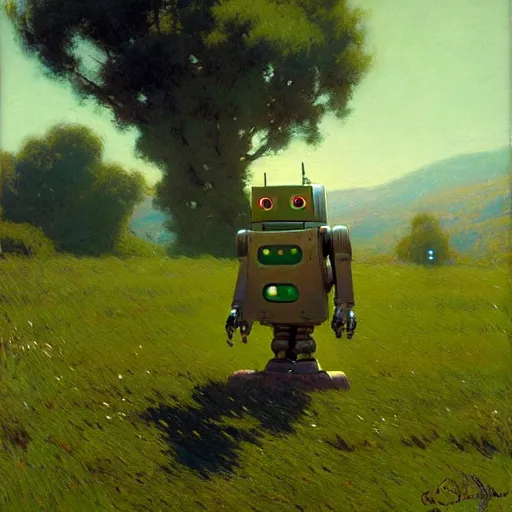 Prompt: detailed cinematic wide shot of a bad robot in a green field, cute, ultra realistic, spring light, painting by gaston bussiere, craig mullins, j. c. leyendecker