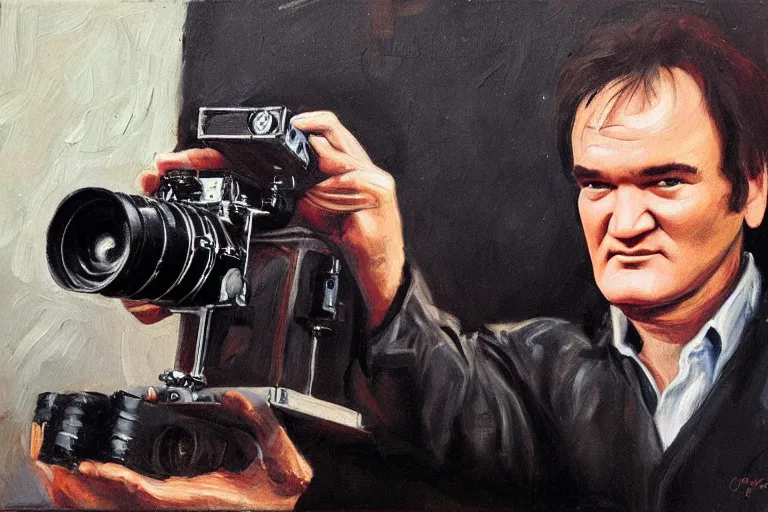 Image similar to Quentin tarantino holding a 16 mm camera, oil painting