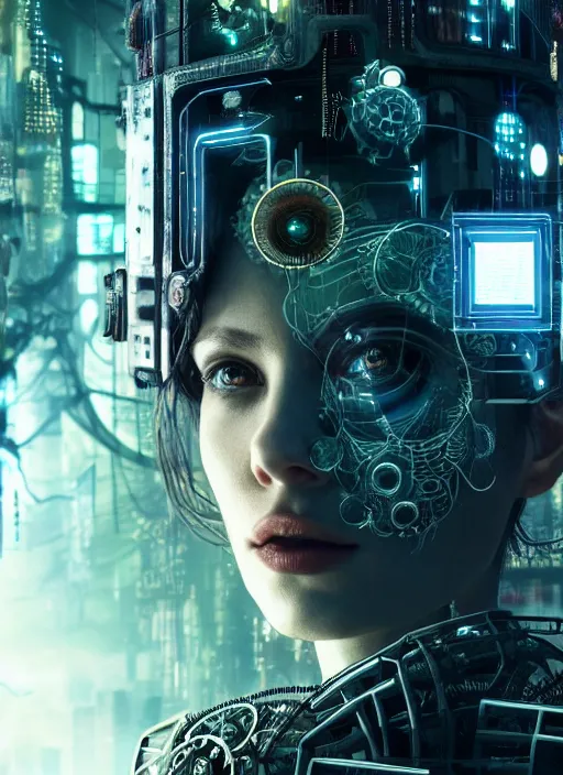 Image similar to 35mm portrait of an intricate and sophisticated borg with face implant above her eye, on the background of a weird magical mechanical forest. Round gears visible inside her hear. Very detailed 8k. Fantasy cyberpunk horror. Sharp. Cinematic post-processing