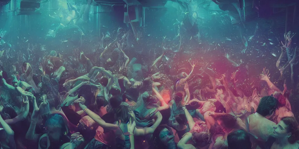 Image similar to rave party moshpit underwater, ethereal atmosphere, realistic digital art 4 k, high quality, greg rutkowski, zabrocki, karlkka, jayison devadas, phuoc quan, trending on artstation, 8 k, ultra wide angle, zenith view, pincushion lens effect