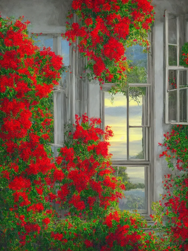 Image similar to a interior photo of a vintage house single window with view to the sunrise near some red flowers, hyperrealistic, digital painting, masterpiece, high quality, highly detailed, high coherence, path traced, serene landscape, beautiful, elegant, bloom, godrays, complementary colors, natural lighting, symmetrical, low contrast, geometrically correct