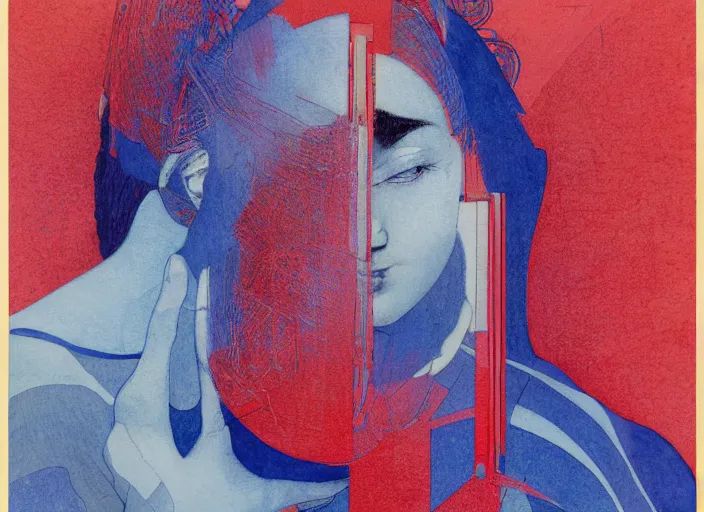Prompt: visitors from the outer realms, muted blue and red tones, portrait face, in the style of peter ferguson, frantisek kupka, intricate, miles johnston, kuroda seiki, cynical realism, ozabu, john william godward, painterly, yoshitaka amano, moebius, miles johnston, louise zhang, james jean