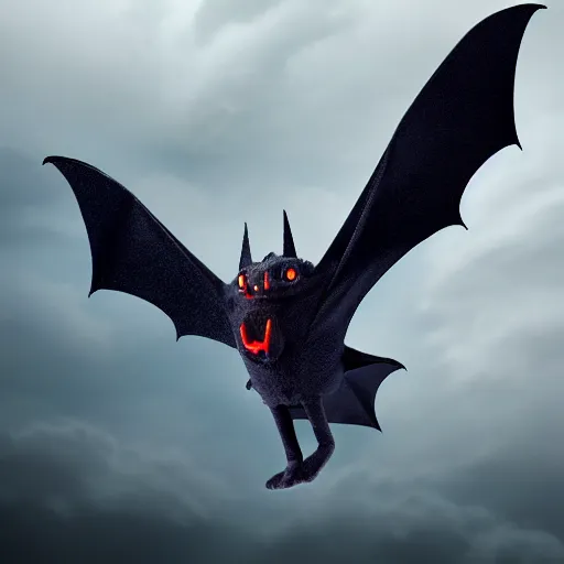 Image similar to detailed full body of scary giant mutant dark blue humanoid pygmy-bat, glowing red eyes flying above a stormy ocean, sharp teeth, acid leaking from mouth, realistic, giant, bat ears, bat nose, bat claws, bat wings, furred, covered in soft fur, detailed, 85mm f/1.4