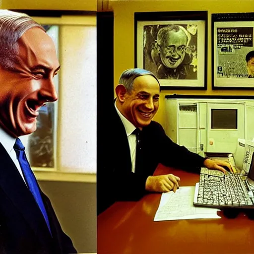 Image similar to benjamin netanyahu laughing and pointing at computer monitor, in office, by norman rockwell