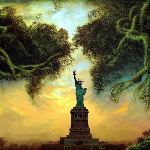 statue of liberty reclaimed by the jungle , surrounded | Stable