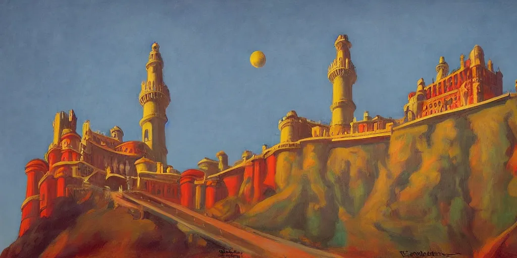 Image similar to street art. paralyzed by the indescribable beauty of the cosmos. amazing view of the palacio da pena. art style by edward hopper daring, incredible