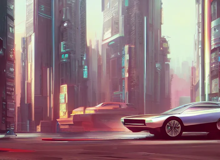 Image similar to a car driving down a street next to tall buildings, cyberpunk art by Vincent Lefevre, cgsociety, retrofuturism, matte painting, reimagined by industrial light and magic