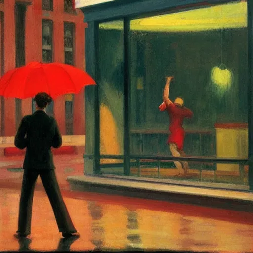 Prompt: man dancing in the rain, edward hopper, trending on artstation,