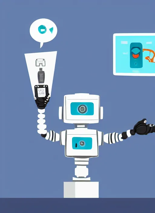 Prompt: An illustration of a robot teaching from a book, white background, website hero image, corporate memphis style