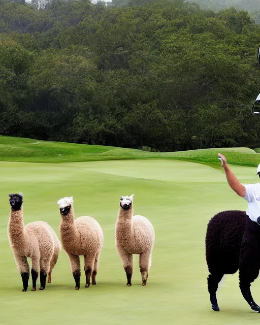 Image similar to wide shot of donald trump at one of his golf courses, with an alpaca caddy. photorealistic