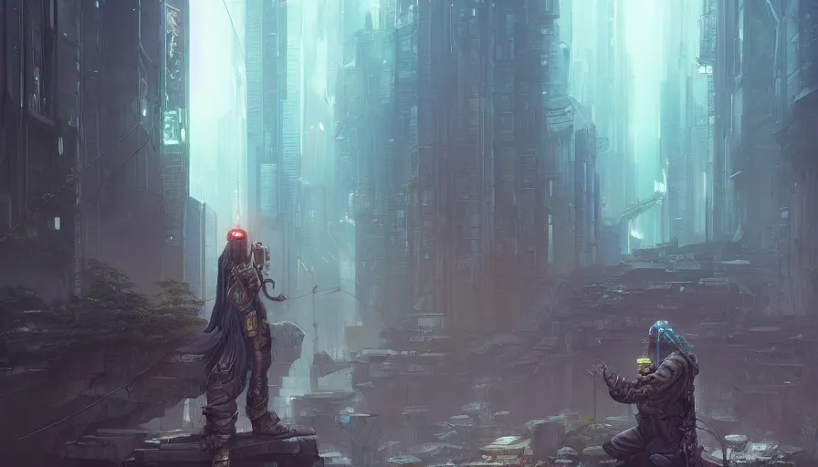 Image similar to cyberpunk urban environment druid meditating - conjuction, by renato muccillo and andreas rocha and eddie mendoza, trending on artstation hq, deviantart, unreal engine 5, 4 k uhd image