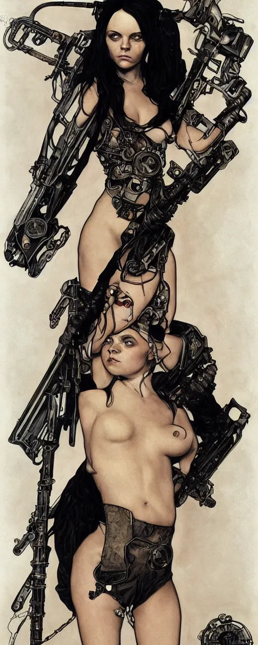 Image similar to striking sensual industrial art nouveau style portrait of christina ricci as a cyberpunk heavy metal rebel soldier by travis charest, simon bisley and alphonse mucha, photorealism, extremely hyperdetailed, perfect symmetrical facial features, perfect anatomy, ornate declotage, weapon, latex, excited expression, wild eyes