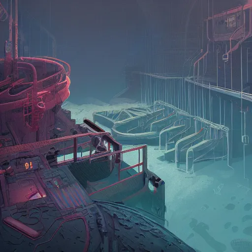 Prompt: underwater mining station, dark, sinister, brush strokes, heavy paint, gradients, highly detailed, digital illustration, concept art, smooth, sharp focus, pleasing aesthetics, josan gonzalez, simon stalenhag, ralph mcquarrie