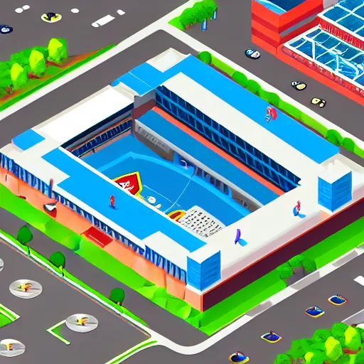Prompt: game city location with hockey arena, medical building and office buildings. game illustration, gamedev, game, design, mobile game, aerial view, isometric, blizzard, easports, playrix, nexters, intricate, elegant, pixel perfect, sport game, highly detailed, amazing detail, digital painting, trending on artstation, sharp focus, 4 k