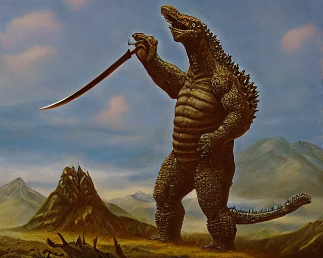 Image similar to ancient godzilla standing in front of altai forest with a sword, detailed oil painting in the style of middle ages