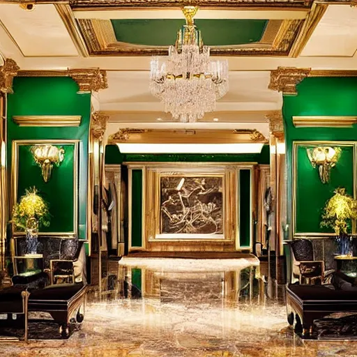 Image similar to a lavish hotel lobby with emerald colored walls with golden accents on them and red carpet