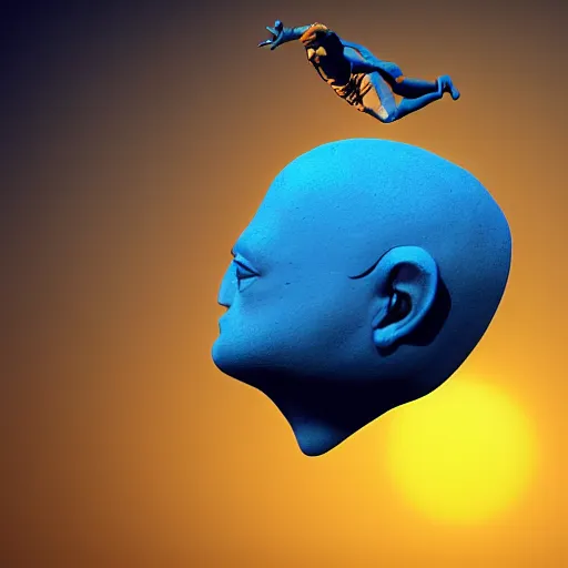 Image similar to giant blue statue face, flying, man, octane render, water, orange sky moebius by jean giraud