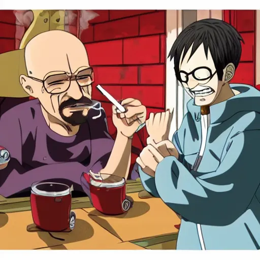 Image similar to walter white smoking a joint with jesse pinkman, in One Piece Anime Series, 4k Resolution.