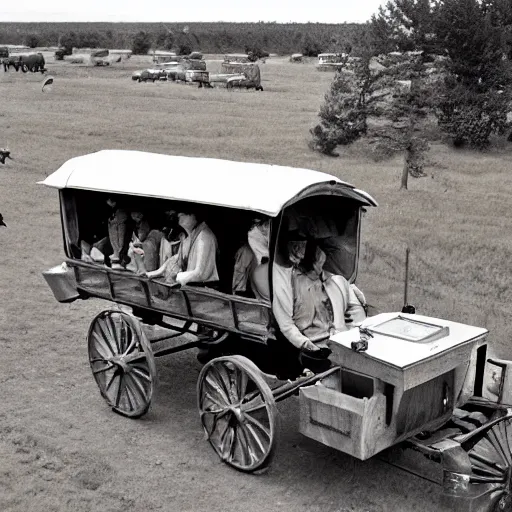 Prompt: a birds - eye view sepia photograph of a delorean made into a covered wagon, traveling in a line with covered wagons and cattle