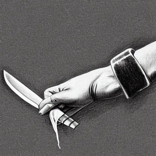 Image similar to pencil drawing of a hand holding a butcher knife dripping with sticky yellow residue, hand and knife are black and white