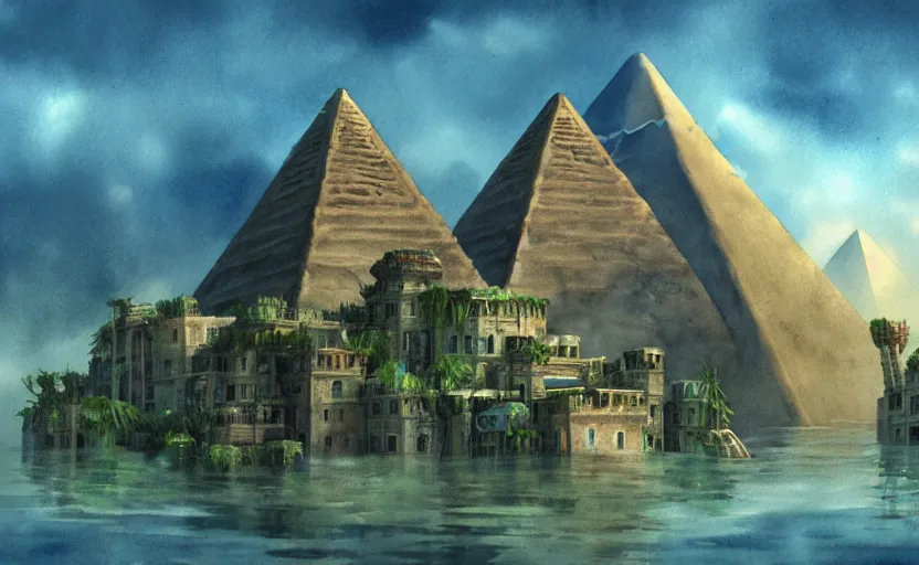 Image similar to a realistic and atmospheric cell - shaded watercolor concept art from howl's moving castle ( 2 0 0 4 ) of a sci - fi city and an egyptian pyramid complex in a flooded rainforest. very dull muted colors, hd, 4 k, hq