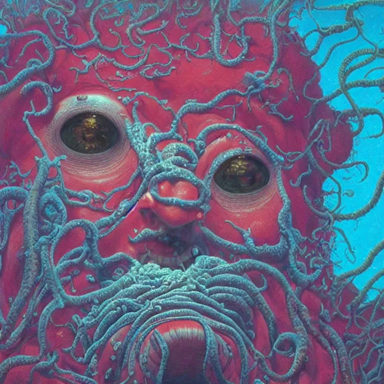 Prompt: Hyperrealistic intensely colored close up studio Photograph portrait of deep sea bioluminescent Senator Rand Paul, symmetrical face realistic proportions eye contact tentacles, Smiling in a coral reef underwater, award-winning portrait oil painting by Norman Rockwell and Zdzisław Beksiński vivid colors high contrast hyperrealism 8k