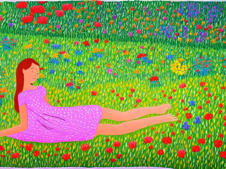 Image similar to painting of view from the distance on girl laying down in the lawn full of flowers that smells like honey amongst forest with her soul connected to the nature around her. in naive art style