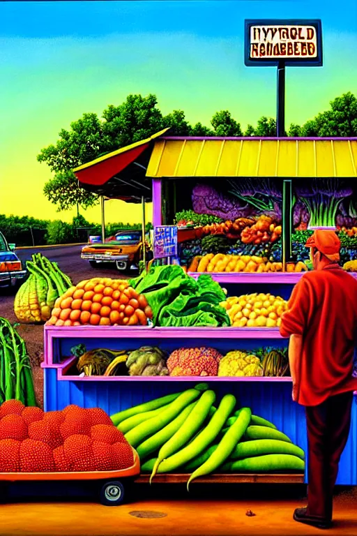 Prompt: a hyperrealistic painting of a roadside vegetable stand ran by mutant farmers. cinematic horror by jimmy alonzo, the art of skinner, chris cunningham, lisa frank, richard corben, highly detailed, vivid color,