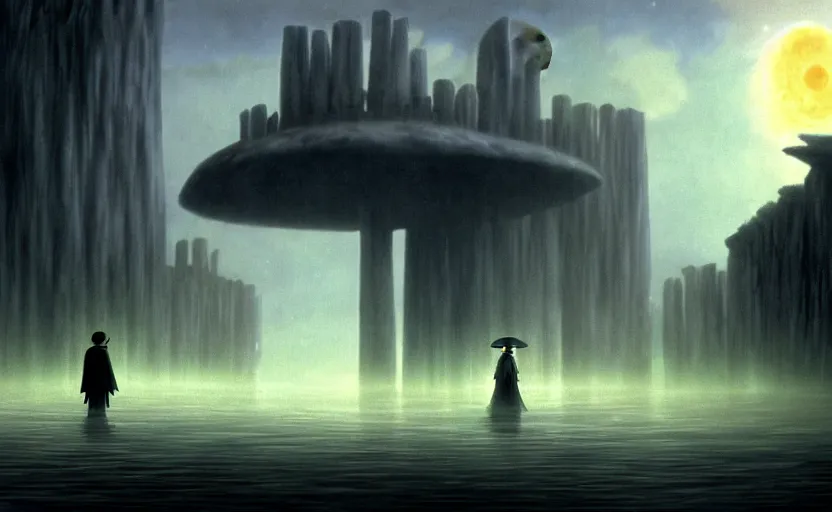 Prompt: a realistic and atmospheric cell - shaded concept art from howl's moving castle ( 2 0 0 4 ) of a grey monk standing in a futurist sci - fi city that looks like stonehenge in a flooded rainforest. it is a misty starry night. a ufo is in the sky. very dull muted colors, hd, 4 k, hq