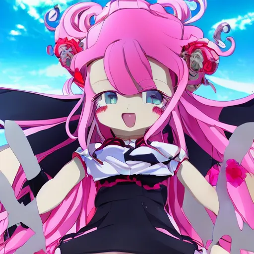 Image similar to stunningly beautiful omnipotent megalomaniacal anime goddess who looks like junko enoshima with symmetrical perfect face and porcelain skin, pink twintail hair and mesmerizing cyan eyes, looking down upon the viewer and taking control while smiling in a mischievous way, mid view from below her feet, hyperdetailed, 2 d anime, 8 k