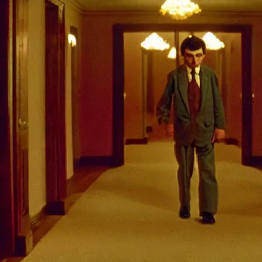 Image similar to mr bean in the shining, movie still, cinematography, cinematic lighting