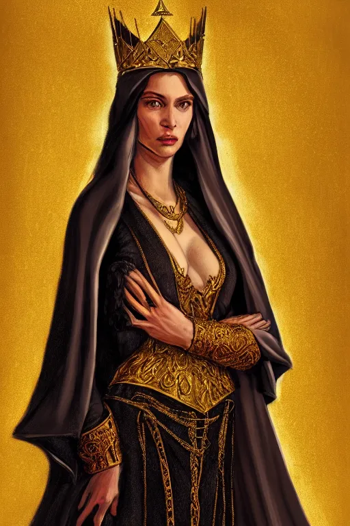 Image similar to Portrait of historically accurate, ancient biblical, sultry, sneering, evil, pagan, wicked, queen jezebel, wearing gilded robes, long hair, intricate, elegant, highly detailed, masterpiece, illustration, art by Andrew Loomis, highly detailed, trending on artstation, award winning