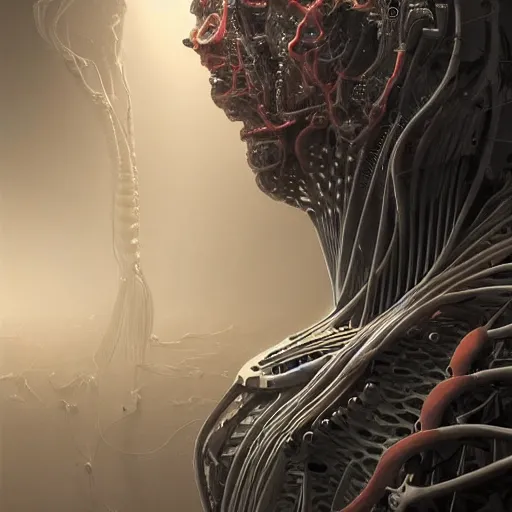 Prompt: ultradetailed illustration of a biomechanic evil cyborg posing in front of a futuristic neuronal supercomputer, by greg rutkowski and Zdzisław Beksiński., photorealistic, 8k, intricate, futuristic, dramatic light, trending on cg society