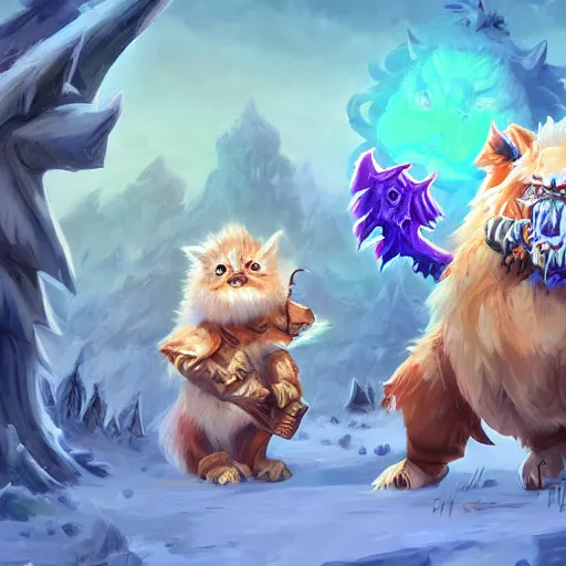 Image similar to cute fluffy animal creatures. blizzard warcraft animal creatures, graveyard background, bright art masterpiece artstation. 8k, sharp high quality illustration in style of Jose Daniel Cabrera Pena and Leonid Kozienko, violet skeleton theme, concept art by Tooth Wu, hearthstone card game artwork