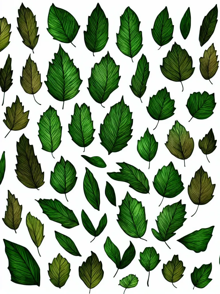 Prompt: tree leaves asset pack, stylized, hand drawn texture, digital art, white background, white background