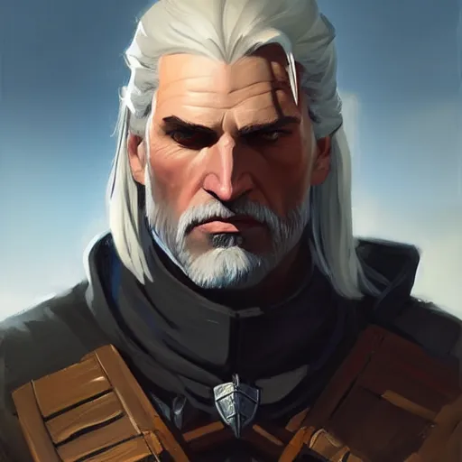 Image similar to Greg Manchess portrait painting of Geralt of Riva as Overwatch character, medium shot, asymmetrical, profile picture, Organic Painting, sunny day, Matte Painting, bold shapes, hard edges, street art, trending on artstation, by Huang Guangjian and Gil Elvgren and Sachin Teng