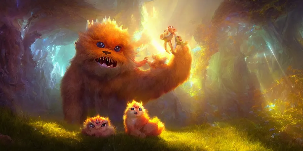 Prompt: a cute furry baby monster in a magical environment, magical energies emanating from it, god rays, fantasy art, matte painting, sharp focus, vibrant colors, high contrast, illustration, art by justin gerard