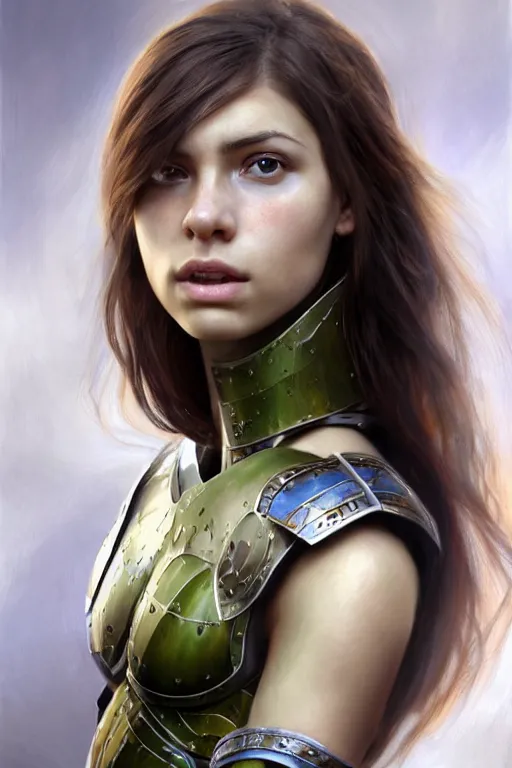 Prompt: a photorealistically painted portrait of an attractive young girl, partially clothed in battle armor, with an abstractly painted background, flawless olive skin, fair complexion, long dark hair, beautiful bone structure, perfectly symmetric facial features, perfect photorealistic eyes, natural physique, intricate, elegant, digital painting, concept art, finely detailed, beautifully illustrated, sharp focus, minimal artifacts, volumetric lighting, from Metal Gear, by Ruan Jia and Mandy Jurgens and Artgerm and William-Adolphe Bouguerea, in the style of Greg Rutkowski, trending on Artstation, award winning art