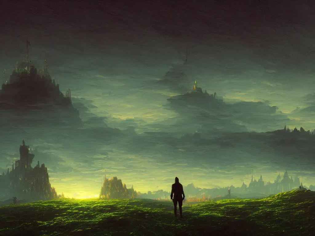 Image similar to synthwave landscape of a lone traveler walking towards a distant and lofty futuristic castle, complex, grid, wireframe, by Paul Lehr and Thomas Cole, wide angle, highly detailed, cinematic, Blue and Green color scheme