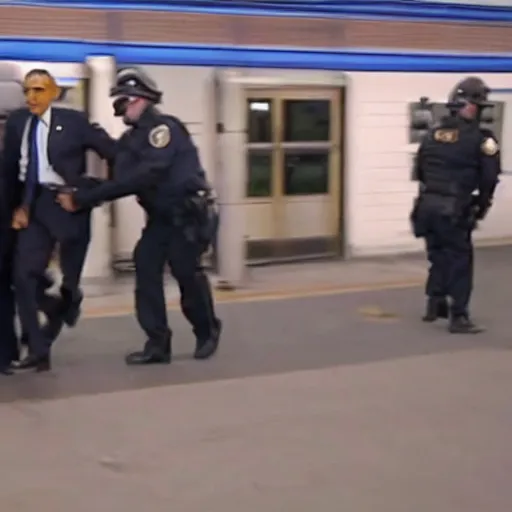 Prompt: blurry still of obama being arrested, grain