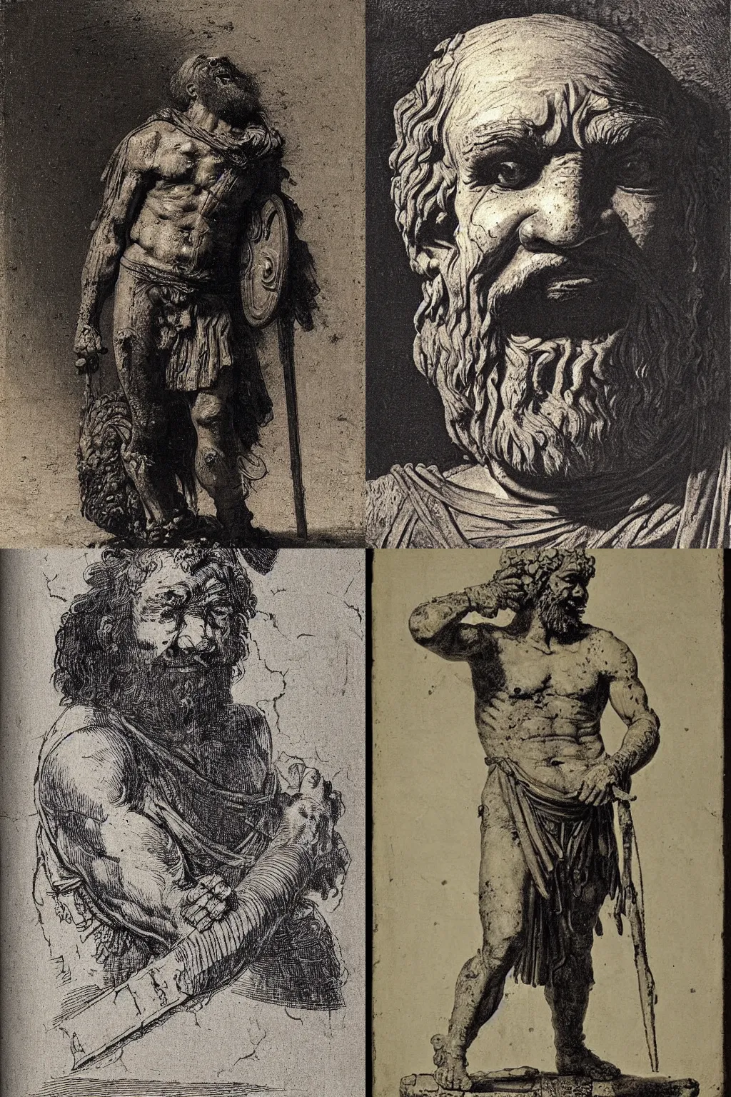 Prompt: laughing greek hoplite with many scars. Thick black beard. By rembrandt.