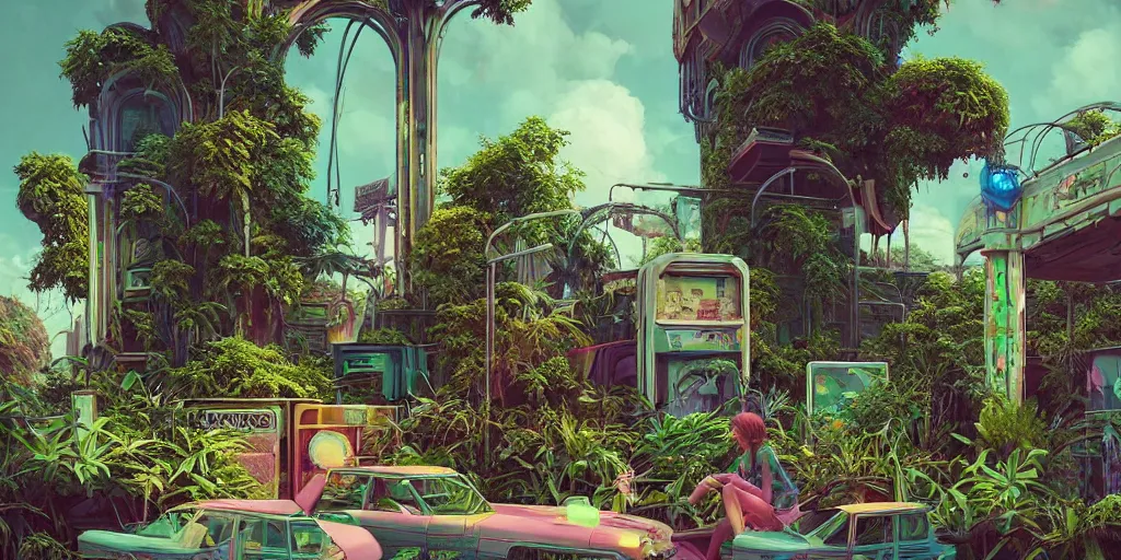 Prompt: 80s outdoor retro arcade, pastel colors, desolate, lush vegetation, moody:: by beeple and James Gilleard and Justin Gerard :: ornate, dynamic, particulate, intricate, elegant, highly detailed, centered, artstation, smooth, sharp focus, octane render, 3d