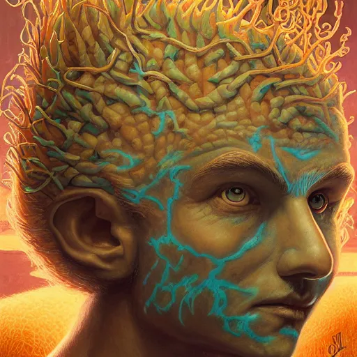 Image similar to fungus labyrinth mohawk projector portrait by gaston bussierre and charles vess and james jean and erik jones and rhads, inspired by rick and morty, epic, funny, huge scale, beautiful fine face features, intricate high details, sharp, ultradetailed