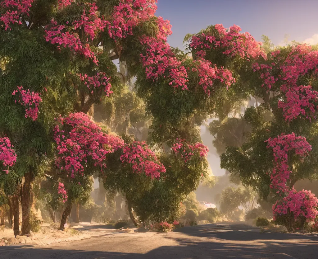 Image similar to a very beautiful scene, ambient occlusion render. desert road with bougainvillea, ruins, hyperrealistic, 4 k. wide angle. wild. deep focus, lovely scene. concept art. unreal engine.