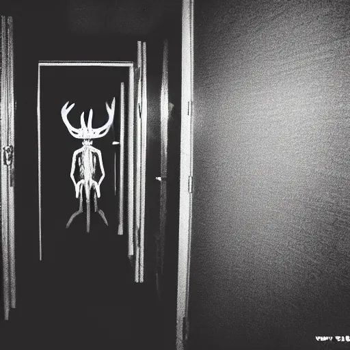 Image similar to a flash photo of creepy wendigo with an unnatural smile standing in a vantablack hallway from the horror movie rec, shaky camera, it is deformed and is staring at the camera from the end of a dark liminal hallway. caught on vhs, film grain, national geographic award winning photography,