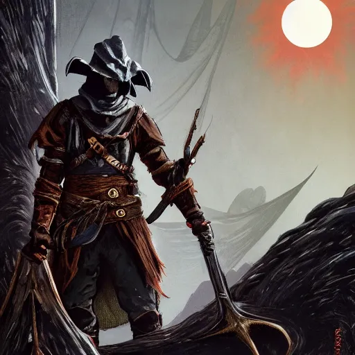 Image similar to an ultra detailed vector image of solaire of astora dressed as the hunter from bloodborne, concept art by alphonse mucha and greg rutkowski, praise the blood moon, octane render, liminal space