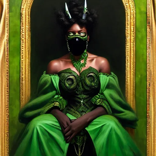 Image similar to full body portrait of black skinned, masked queen in green and black gothic robes sitting on a throne of cats, elegant, highly detailed painting by gaston bussiere, craig mullins, j. c. leyendecker, 8 k, mid shot