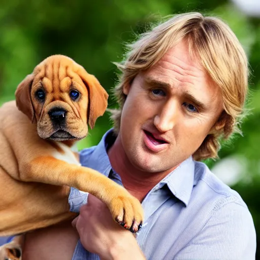 Image similar to 50mm photo, Owen Wilson saying wow holding a boxer puppy